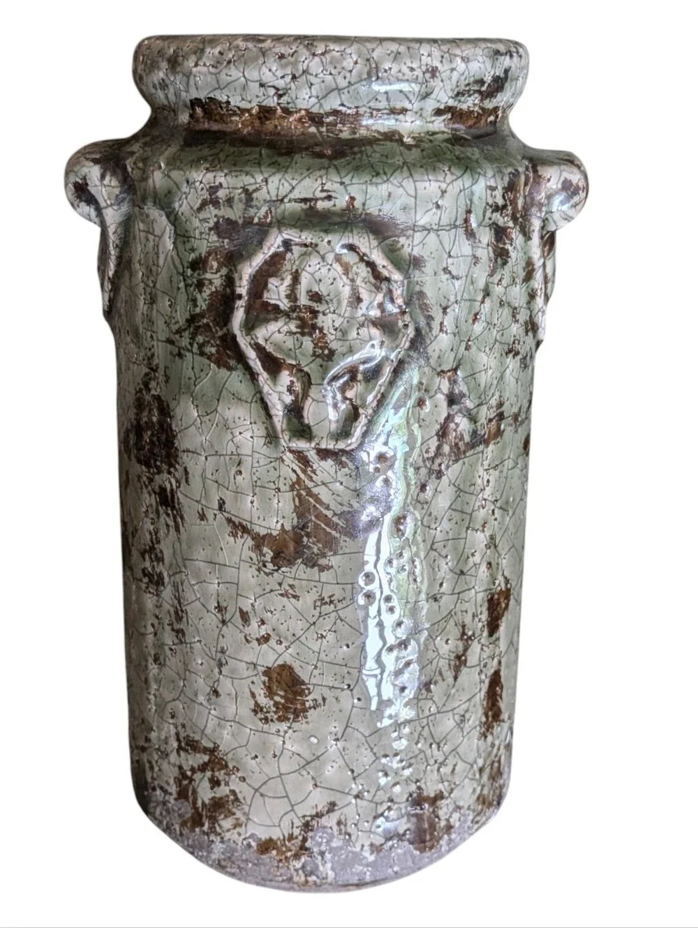 French Crackle Glaze Stoneware Vase - Distressed Green Fleur De Lis Decor Farm